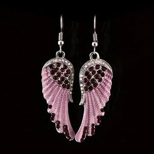 Red Rhinestone Pink Versatile Wings Feather Shaped Silver Plated Earrings